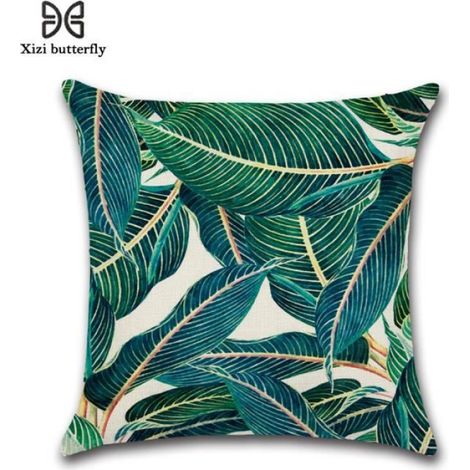 Housse de coussin - - 45x45 cm - Lin naturel - Vert - Motifs tropicaux