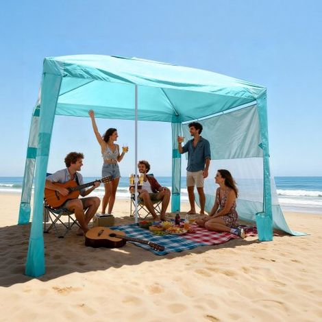 Cabaña de Playa 2,4 x 2,4 m con Pared Lateral, Protección Solar UPF 50+, Pabellón con Sacos de Arena, Sombrilla Portátil y Ajustable en Altura para Familiares y Amigos, Verde Claro Liso (1/5)
