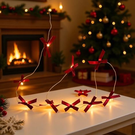Guirlande lumineuse LED avec nœuds en velours, boîtier à piles, fils en cuivre, décorations de Noël, 2 mètres, 20 ampoules, boîtier à deux piles, éclairage permanent, lumière blanche chaude (1/3)