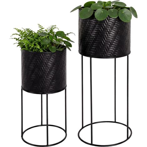 Relaxdays Blumenständer 2er Set, Metall, 2 Größen, mit Gestell, Wohnzimmer & Flur, runder Pflanztopfständer, schwarz (1/5)