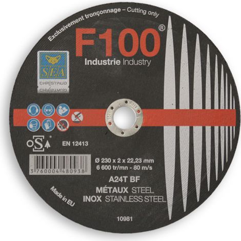 Disque à tronçonner acier 230X2X22.23mm métaux F100 SEA