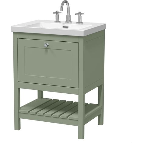 Coppenhall Contemporary 1 Drawer Floor Standing Vanity Unit with Fireclay Basin, Fern Green, 600mm