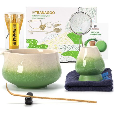 Matcha Kit Vert 7 pièces, Fouet Matcha, ensemble à thé matcha pour préparer un latte, ensemble de fouets à matcha et bol avec cuillère et tamis, bol en céramique au design Fuji (1/5)