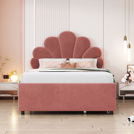 Lit capitonné 90x200 cm pour enfant, cadre avec tête fleurie et sommier lattes, coffre 2 tiroirs, lit fille d'appoint velours doux rose tendre (1/5)