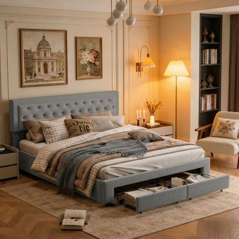 Cama con almacenamiento de 180x200 cm – Sistema hidráulico – Cajones – Cabecero tapizado – Estructura de madera y metal – Somier de láminas