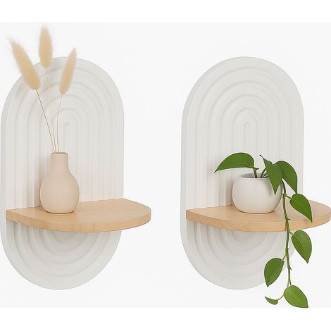 Relaxdays Wandregal 2er Set, Boho Style, Wanddeko Regal für Flur & Wohnzimmer, HBT: 33x20x15 cm, MDF & Holz, weiß-natur (1/5)