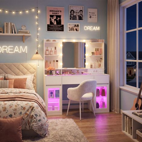 Coiffeuse avec Tabouret, Miroir LED RGB, Prises, Rangements, Style Moderne, Blanc (1/5)