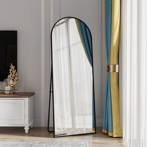 Miroir sur Pied Plein Pied avec Cadre Doré en Aluminium, Miroir Arche Design Moderne, Miroir de Chambre avec Pieds Réglables, Verre Trempé Sécurisé, pour Chambre Dressing ou Salon, Noir (1/4)