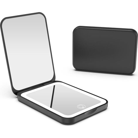 Miroir de poche, rechargeable grossissant 1X/3X LED, miroir de maquillage compact pour sac à main, 3 couleurs à intensité variable, pliable, portable, petit miroir éclairé pour femme, noir (1/5)
