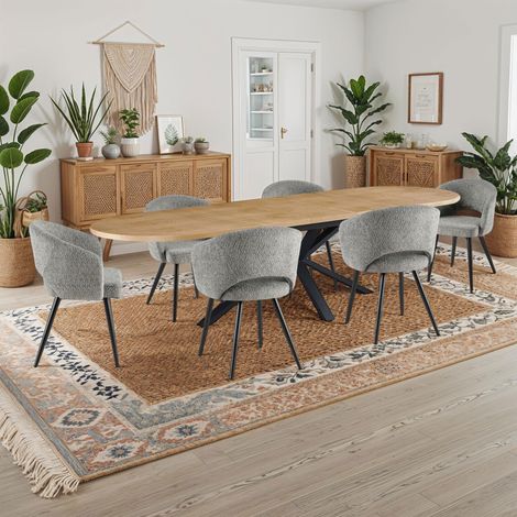 M&S – Ensemble table extensible 180-300 cm + 6 chaises tissu bouclette gris – 3 allonges intégrées – Piétement métal noir – Confort assise rembourrée