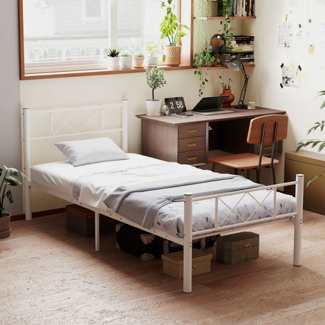 Cadre de lit pour matelas 200 x 90 cm,cadre de lit 88 cm de haut Cadre de lit simple en acier,chambre d’amis blanche