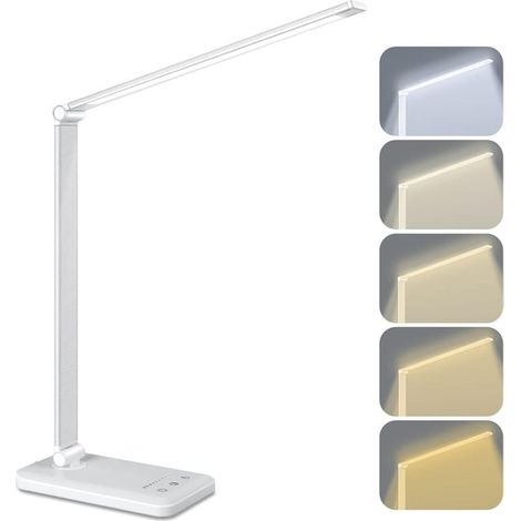 Lampe de bureau, lampe de bureau LED rechargeable, 5 températures de couleur et 5 niveaux de luminosité réglables, lampe de lecture 5W, blanc (1/5)