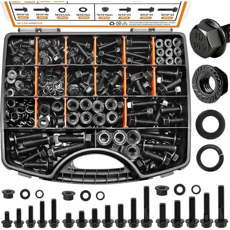 400-teiliges Sortiment an metrischen Flanschschrauben und -muttern der Güteklasse 10.9 (12 mm bis 45 mm), Sechskantschrauben und -muttern aus schwarzem legiertem Stahl, für den Automobilbereich (1/5)