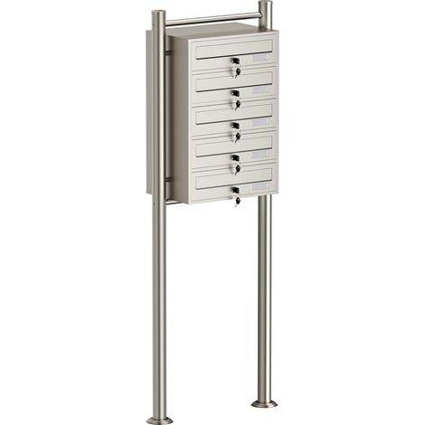 Wiltec 5er Briefkastenanlage Edelstahl 556 x 270 x 1500 mm, Standbriefkasten mit 5 Fächern, Schlüssel und Namensschild, Briefkasten Postkasten mit Ständer