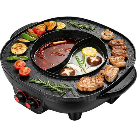 Hot pot électrique avec grille barbecue 2-en-1 - Marmite 3-4 L avec 2 compartiments, pour 5 à 6 Personnes, revêtement antiadhésif, 220V, 4000 W (2 x 2000 W) (1/5)