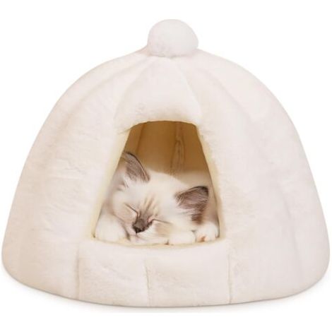 Lit Grotte pour Chat et Chien, Niche Igloo d'Intérieur avec Coussin Amovible Lavable, Tente Douillette et Chaleureuse pour Petits et Moyens Animaux (Blanc Neige, M) (1/5)