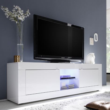 Meuble TV 2 portes - 2 niches blanc laqué 180cm CALIA (1/4)