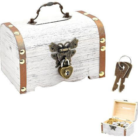 Cofre del tesoro de madera blanco para niños - Cofre del tesoro con cerradura y tapa - Caja con cerradura - Caja de madera con tapa (14 x 10 x 10 cm)