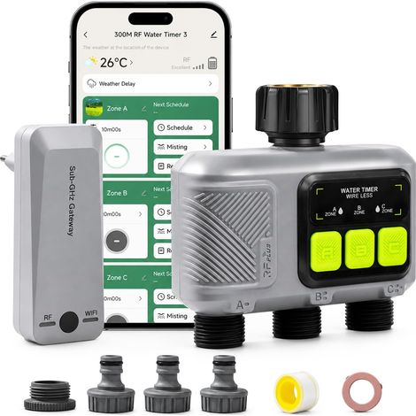 WiFi Watering Timer 3 Way with RF 433 Technology, Automatic Watering Timer with Rain Timer, 2 Watering Modes, Smart APP Remote Control for Garden, Lawn (1/5)