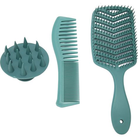 Peigne et brosse à cheveux en silicone vert lot portable pour démêler cheveux bouclés secs ou humides (1/5)