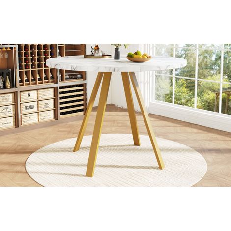 Table à manger ronde 80x80x75 cm, table de cuisine et salon pour 4 personnes, piètement métal doré, plateau marbre blanc, meuble polyvalent pour repas ou séjour (1/5)
