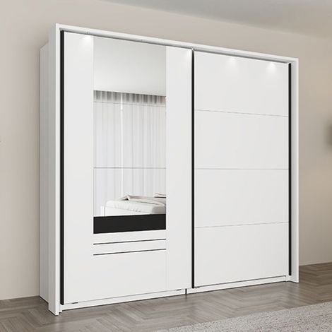 Schrank 2 Türen Lalibe, Kleiderschrank Schlafzimmer 2 Regale, Kleiderstange, Schiebetür, 220x205h cm Mattweiß (1/5)