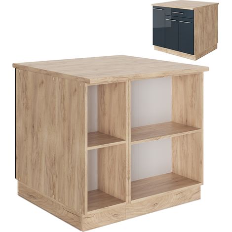 Isla de cocina Fame-Line, Azul oscuro alto brillo/roble dorado, 90 cm con cajón, sin encimera, Vicco