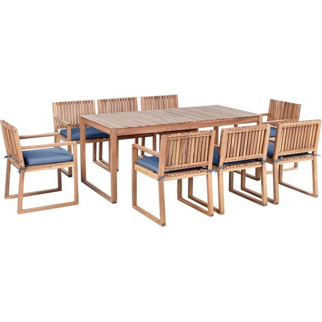 Conjunto de comedor exterior 8 plazas rústico de madera de acacia certificada mesa y sillas con cojines azules marrón Sassari Premium