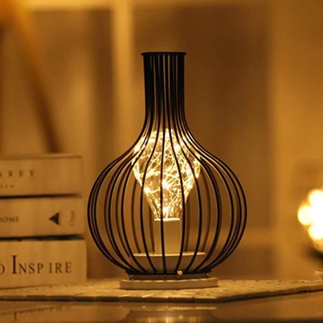 Schwarze Tischleuchte aus Metalldraht, modernes Nachtlicht im Eisenkäfig-Stil, batteriebetriebene Retro-Nachttischlampe fürs Schlafzimmer (1/4)