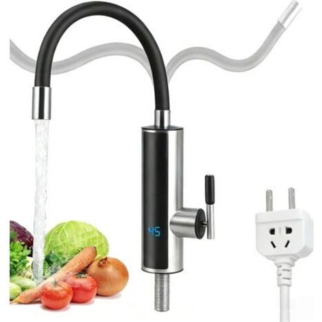 Robinet electric en acier inoxydable avec chauffe-eau instantané de 3300 W - Con indicador de temperatura LED, función giratoria de 360° y tubo de conexión de 40 cm - Negro