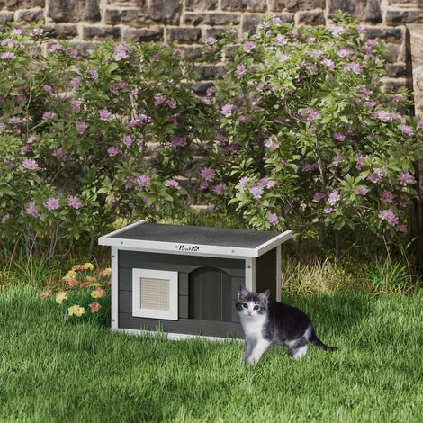 Niche pour chats et lapins, en bois avec griffoir et porte battante, 61 x 45 x 36,5 cm, grise (1/5)