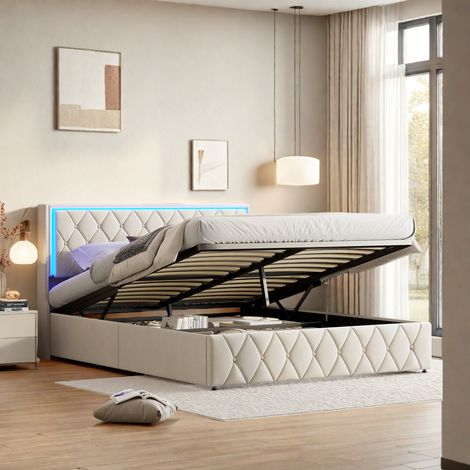 Letto imbottito moderno con contenitore, struttura letto matrimoniale a LED con porte di ricarica USB, 160 x 200 cm, tessuto in velluto, senza materasso (1/5)