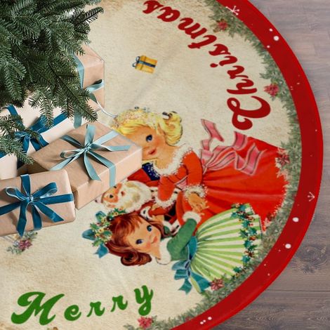 Falda para árbol de Navidad vintage, alfombra roja de estilo vintage con motivos de Papá Noel y copos de nieve para decoración de interiores, 120 cm (1/4)