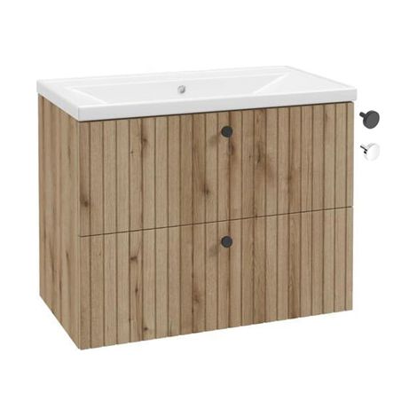 Badezimmerschrank mit Waschbecken 80 cm, Eiche-Optik, gerillt, Rietti-Lamellen (1/5)