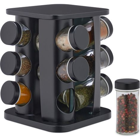 Relaxdays Especiero Giratorio con 12 Botes, con Dosificadores, Soporte Especias Reutilizable, Acero Inoxidable, Negro
