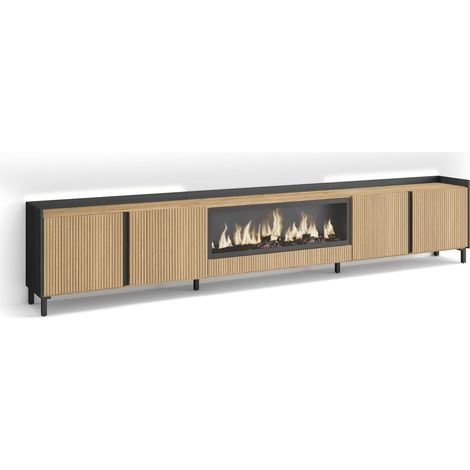Skraut Home - TV-Schrank, Lowboard, für Wohnzimmer und Esszimmer, 315x61x35 cm, Für TV-Geräte bis zu 80", Elektrokamin XXL, Industriedesign, Led, Moderner Stil, Eiche Schwarz (1/4)