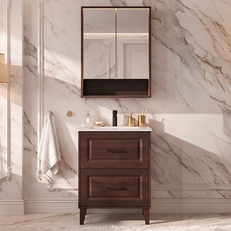 Conjunto mueble simple lavabo empotrado 60cm y armario espejo Moka Madera oscura (1/4)