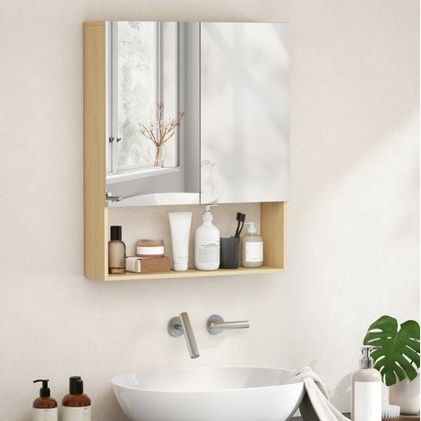 REDOM - Mobile da bagno da parete, 60x16.6x75 cm, ante a specchio doppie, ripiano aperto regolabile, legno e vetro, rovere (1/5)
