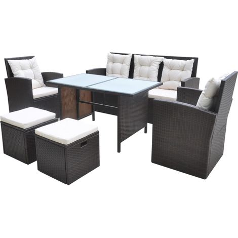 6-tlg. Garten-Essgruppe mit Kissen Poly Rattan Braun vidaXL