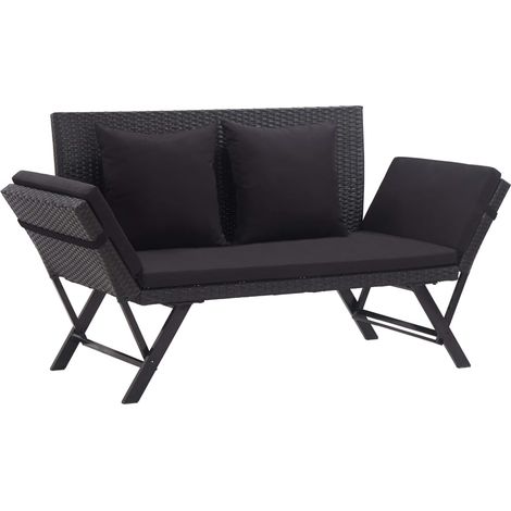 Gartenbank mit Auflagen 176 cm Schwarz Poly Rattan