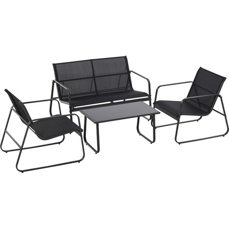 Sakura - Design-Gartenlounge mit Sofa + 2 Sesseln + Couchtisch mit Glasablage. 4-tlg. Outdoor-Lounge-Set aus Metall und Textilene. Schwarz (1/5)