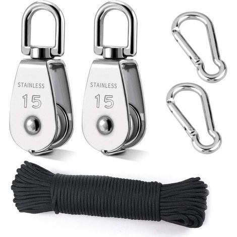 Carrucola di sollevamento, 2 carrucole da 15 mm in acciaio inox 304, 2 carrucole singole M15, per corde e cavi, con corda da arrampicata da 8 mm e lunghezza 20 m. -Crezuo