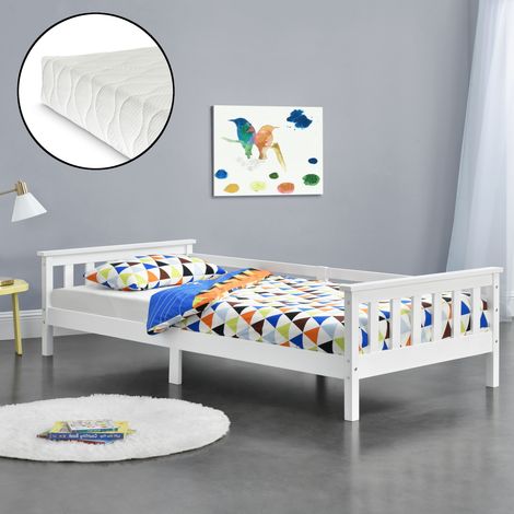 Letto per Bambino/Ragazzo con Materasso Ipoallergenico a Schiuma Fredda 90x200 cm Letto di Design Moderno in Legno di Pino con Testiera e Pediera - Bianco (1/5)