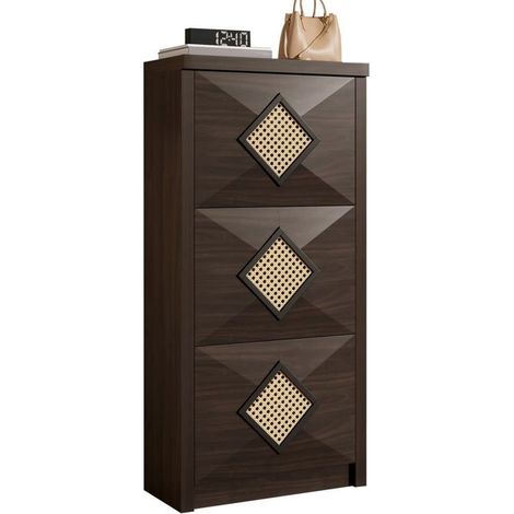 Meuble à chaussures basculant 50x30x120, armoire à chaussures 3 abattants, décor rotin, aspect bois marron foncé vintage (1/5)