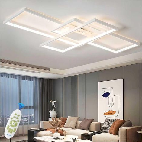 LED Living Room Ceiling Light, Dimmable with Remote Control White Ceiling Light, Metal Acrylic Design Rectangular LED Ceiling Light for Living Room, Bedroom, Hallway, 140 cm (1/5)