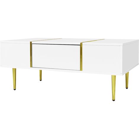 Table basse blanche en MDF haute brillance avec 2 tiroirs, design moderne 100x60x41,5 cm (1/5)