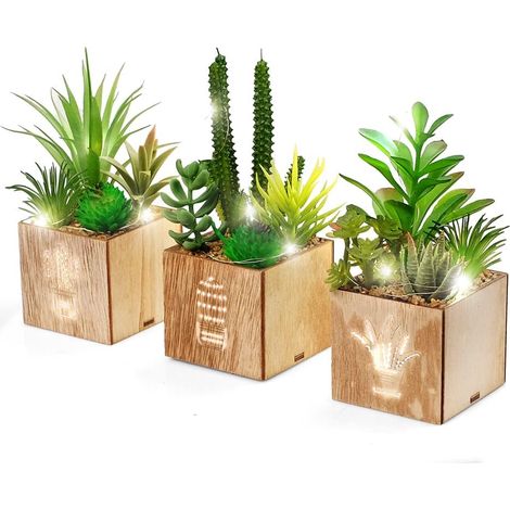 plantes succulentes artificielles avec lumières LED dans boîte en bois, plantes artificielles en plastique, décorations pour maison bureau table (1/5)