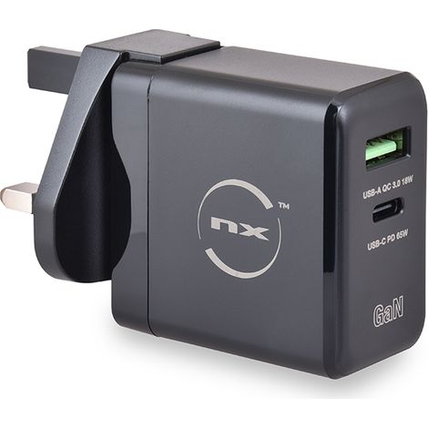 NX - Chargeur rapide GaN 65W USB-A et USB-C prise UK (1/4)