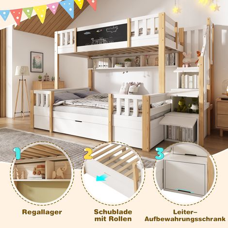 Lit superposé pour 3 enfants 90x200 & 140x200 en bois massif, avec tableau ardoise, escalier de rangement, tiroirs et armoire-échelle, lit mezzanine stable pour ado, blanc et naturel (1/5)