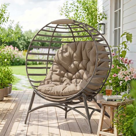 Fauteuil Papasan, chaise de jardin, fauteuil en osier avec coussin, fauteuil lounge ovale, pliable, 118 x 77 x 139 cm (1/4)
